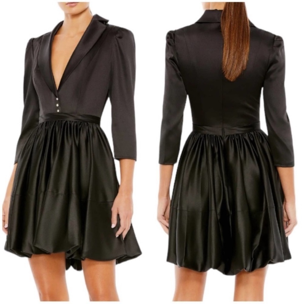 NWOT MAC DUGGAL 26913 BLACK SATIN A-LINE COLLAR BLAZER BELTED MINI DRESS 4 - Picture 2 of 5
